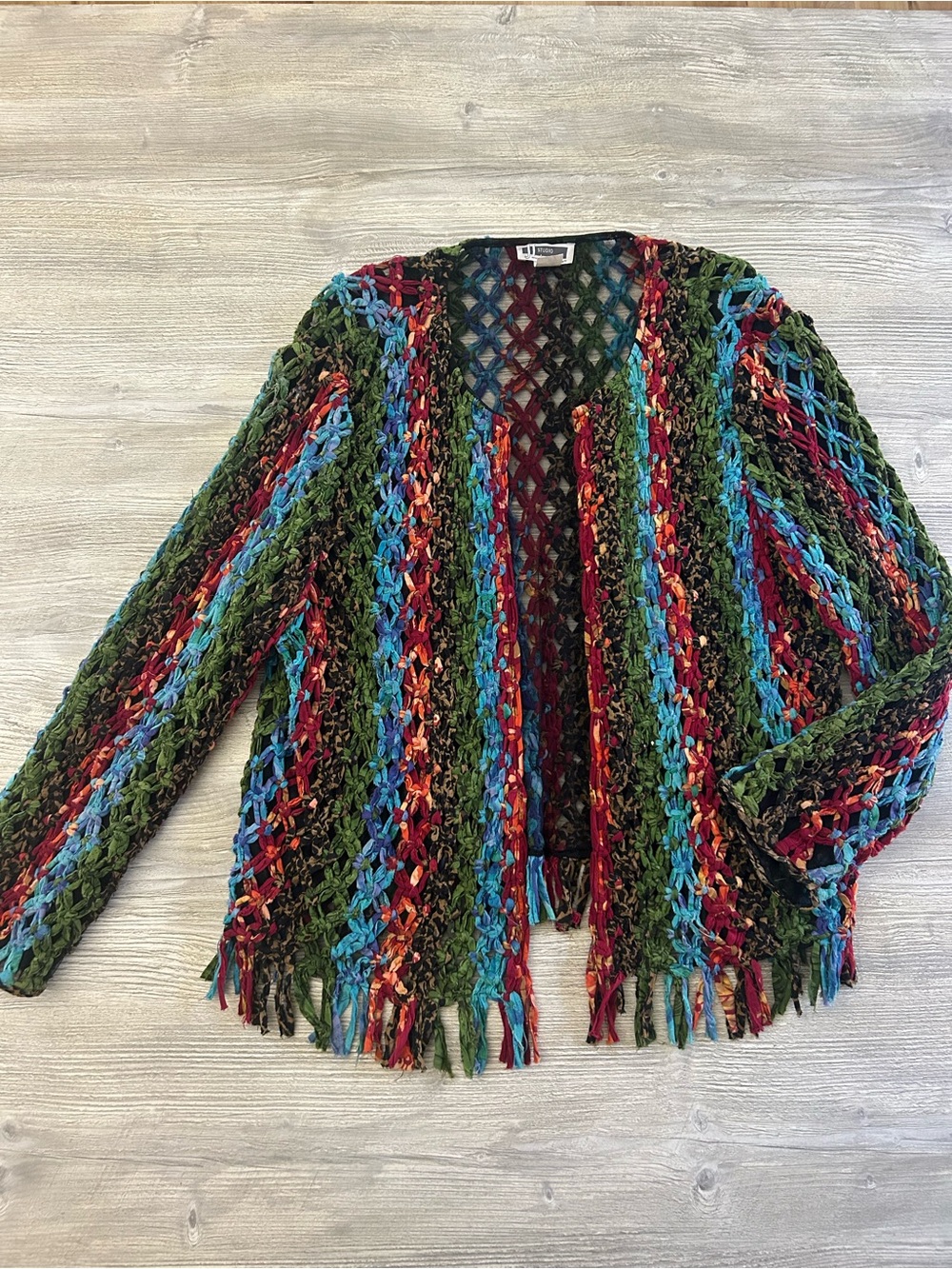 JL Studio by Jessica London Multicolor Open Weave Ribbon Knit Fringe Cardigan 1X